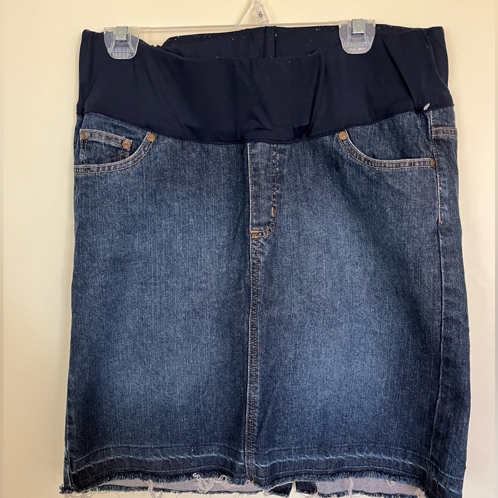 Liz Lange maternity jean skirt with distressed hem, elastic waistband size M